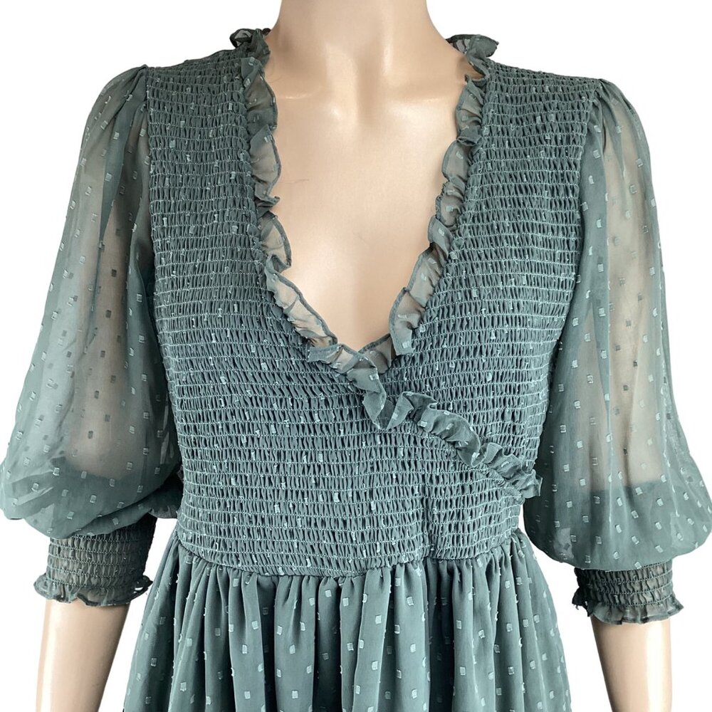 ASOS Design Green Smocked Midi Dress Size 6 Ruffle Trim & Puff Sleeves‎ - Picture 4 of 7